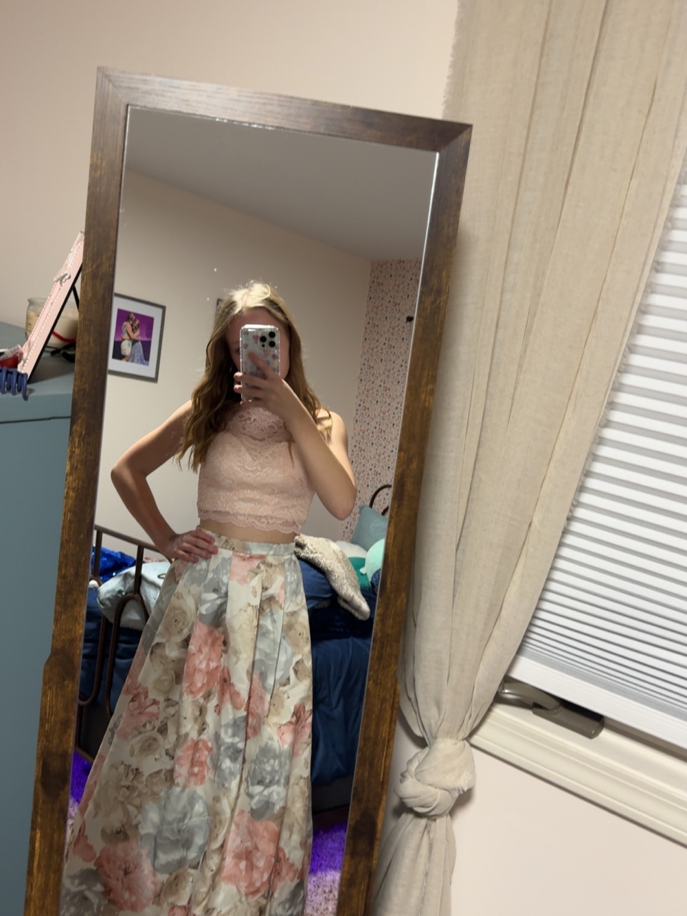 Morgan & Co. Blush Lace Crop Top with Floral Satin Ball Gown Skirt